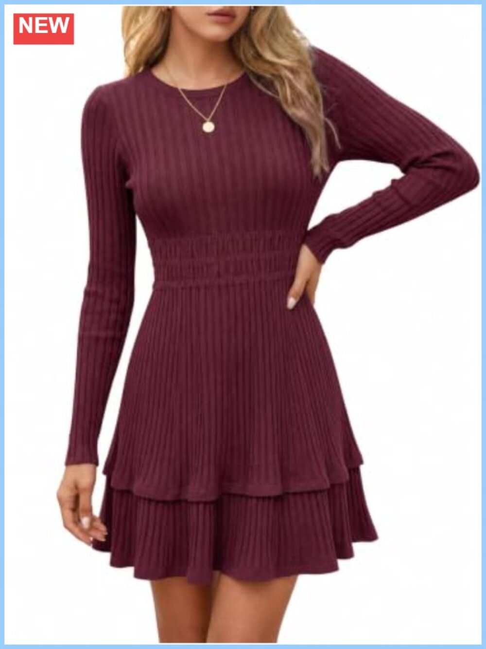 Long Sleeve Mini Sweater Dress Ribbed Knit A-Line Casual Fall